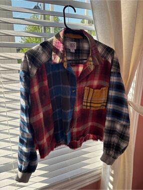 BDG Patchwork Plaid Cropped Flannel in Red, Blue, Yellow and Black